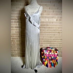 MANGO Silver Grey Satin Spaghetti Strap Ruffle Front Maxi Dress